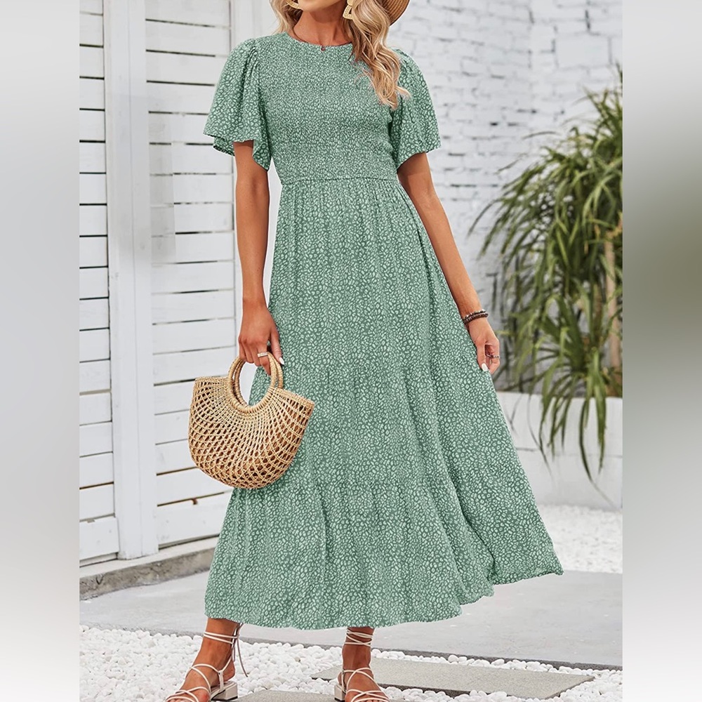 Floral Print Short Flutter Sleeve Crew Neck Smocked High Waist Flowy Maxi Dress